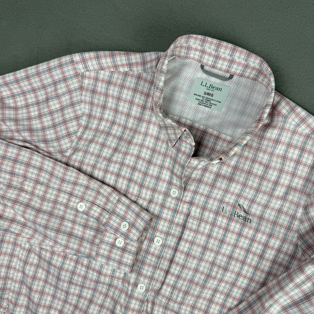 LL Bean Shirt Womens Small Pink Plaid Tropicwear Stretch Button Up‎ Zip Pocket